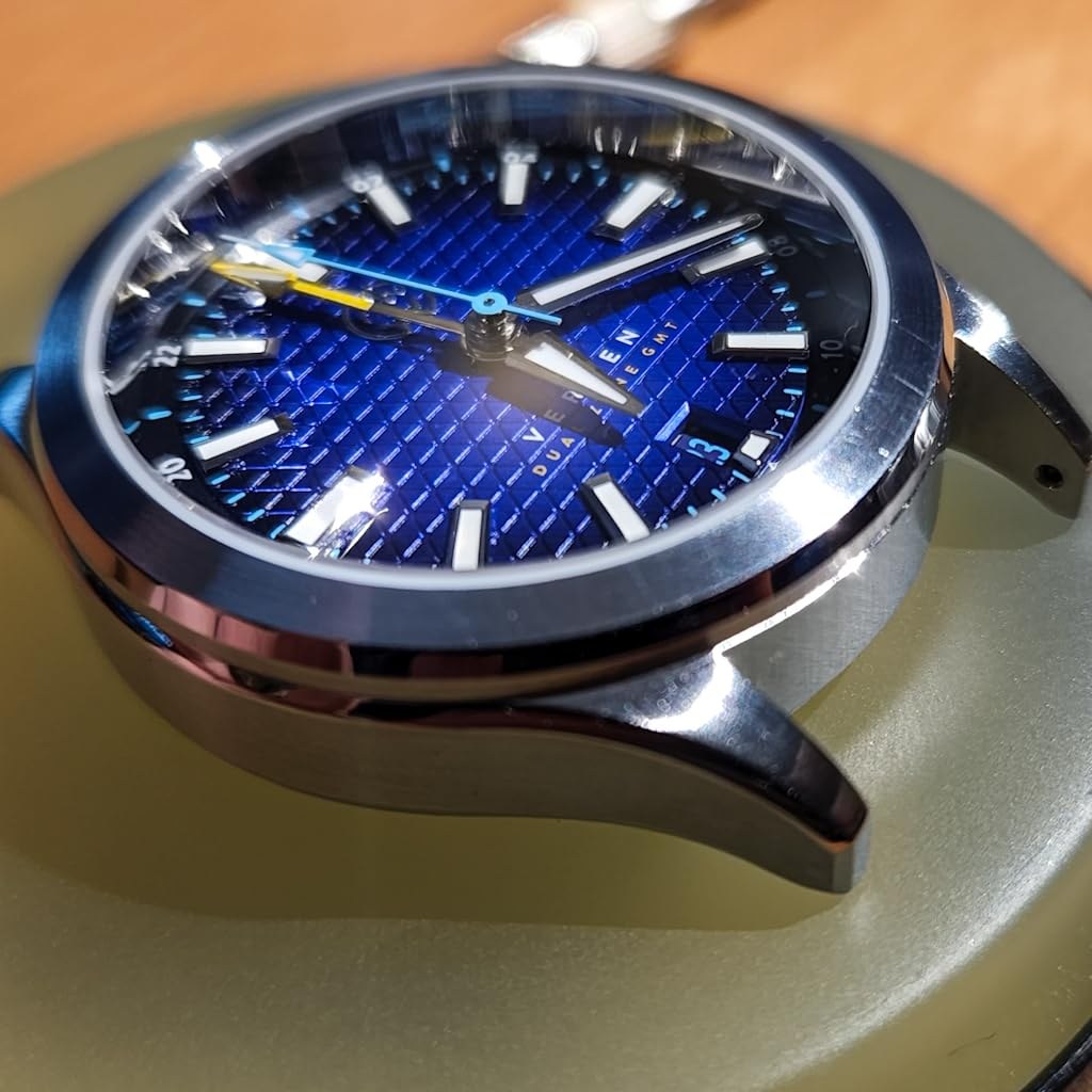 Blue-dial steel watch with sapphire crystal, close-up, customer photo by jwitt (Amazon, October 2025)